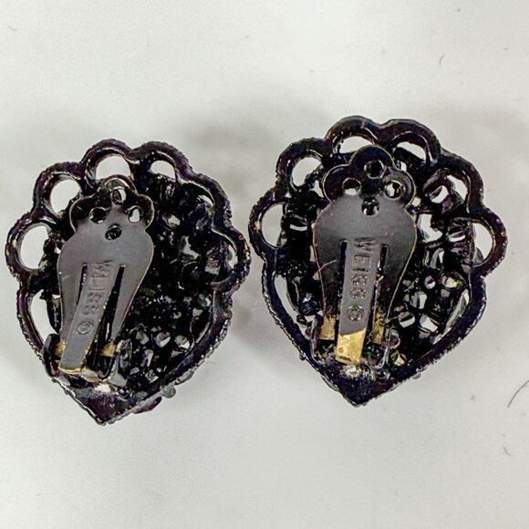Weiss Black Pansy Rhinestone Brooch Clip-On Earrings Vintage Jewelry Set - Picture 3 of 7